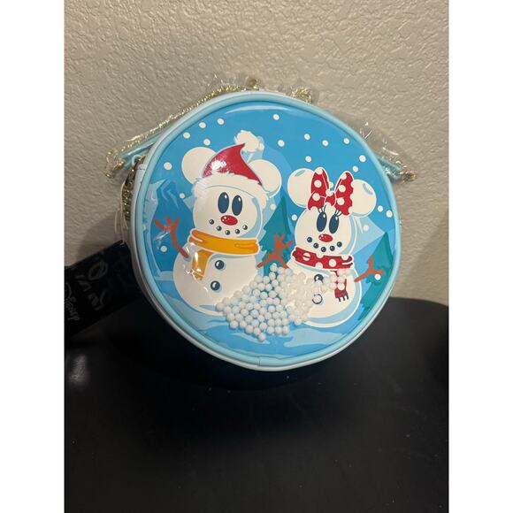 Loungefly Disney Mickey Minnie Snowman Snow Globe Crossbody NWT Holiday Xmas - Picture 1 of 4
